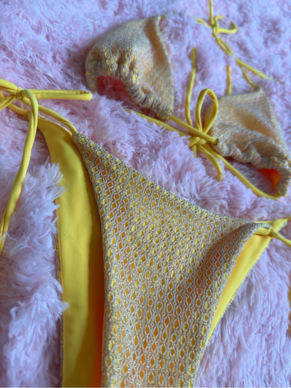 Yellow Crochet Overlay Triangle String Bikini Set Size Medium Boho Swimwear